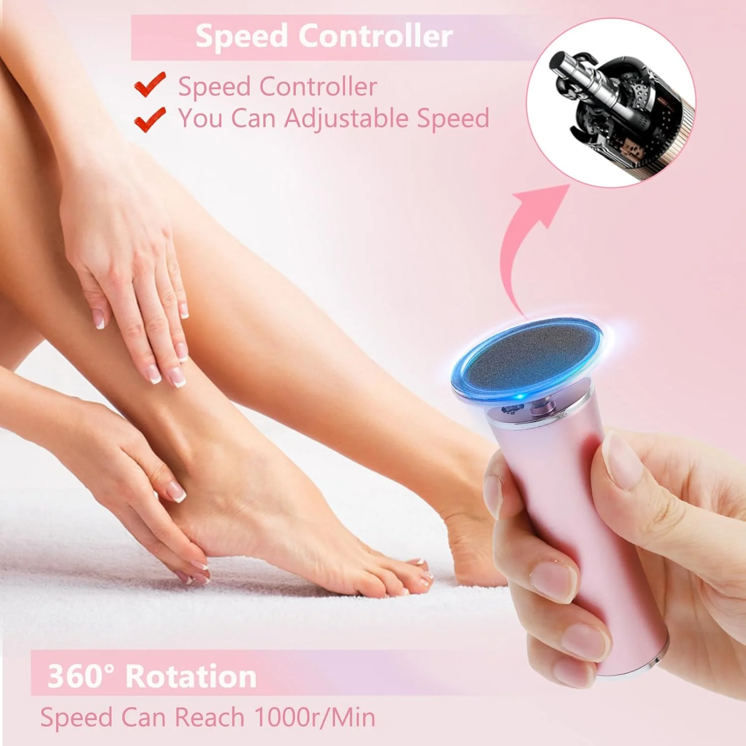 Rosvola Electric Foot Callus Remover, Adjustable Speed Electric Foot File with 60 Pcs Sandpapers, Professional Pedicure Tool for Men and Women (Pink)