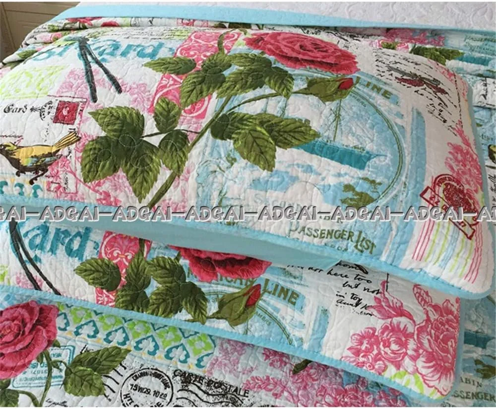 روتختی لحافی دو نفره سایز سوپر کینگ آبی رنگ 230x250 سانتی متر پنبه ای طرح پرنده و گل لحاف تکه دوزی شده روتختی روانداز تخت پتو با روبالشتی 3 تکه ست رختخواب