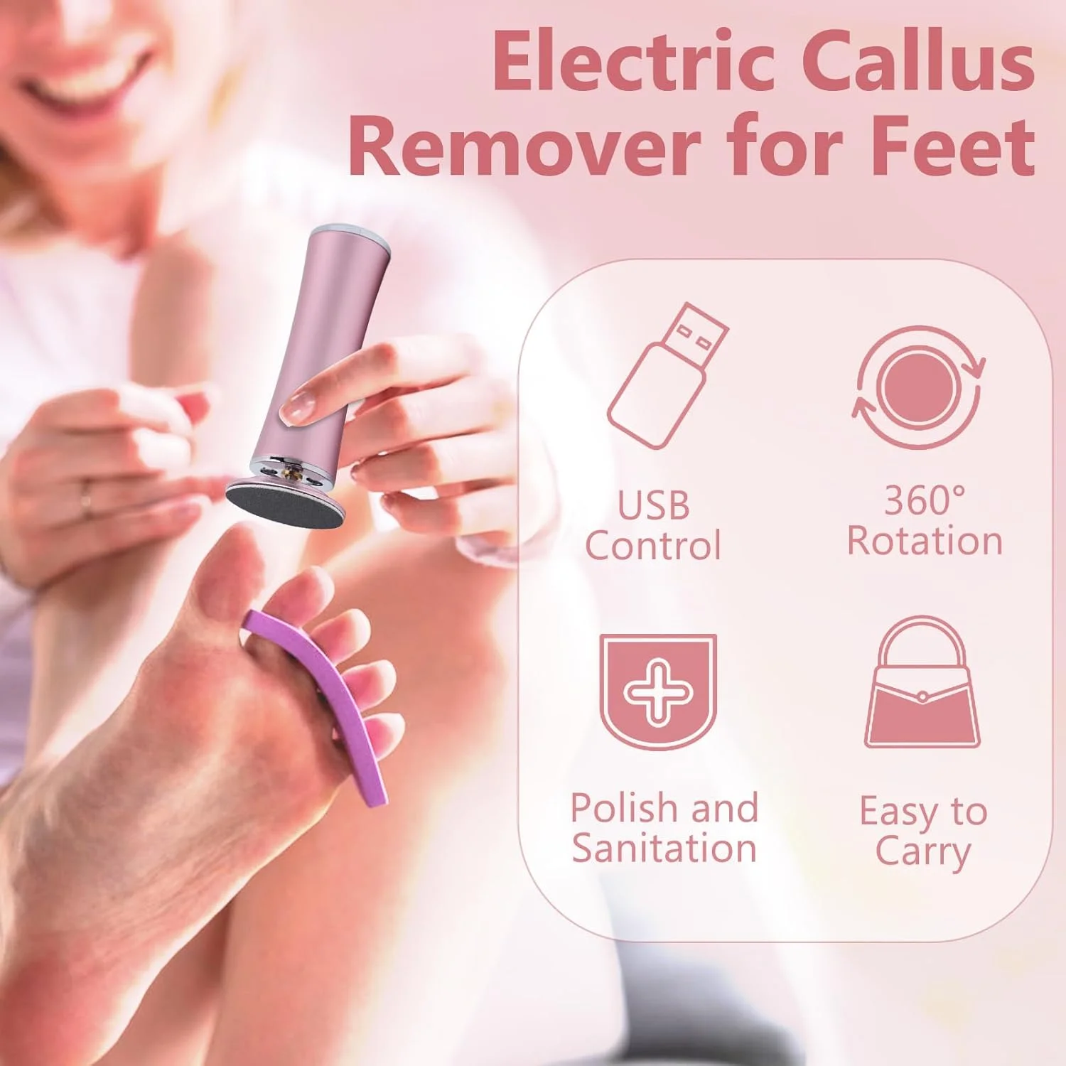 Rosvola Electric Foot Callus Remover, Adjustable Speed Electric Foot File with 60 Pcs Sandpapers, Professional Pedicure Tool for Men and Women (Pink)