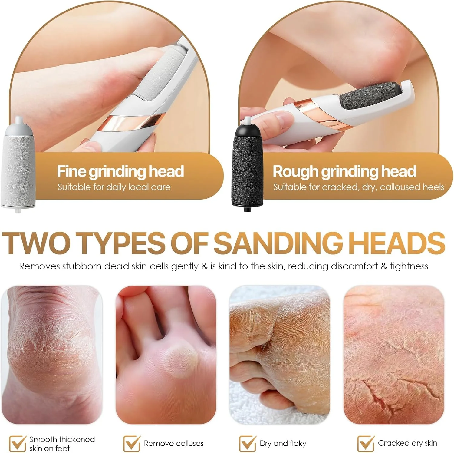 RoserRose Callus File, Foot File, Electric Callus Remover Feet, Electric Callus Remover Feet, Pedicure Set, Foot Care Electric with 2 Grinding Heads, 2 Speeds & LED Light