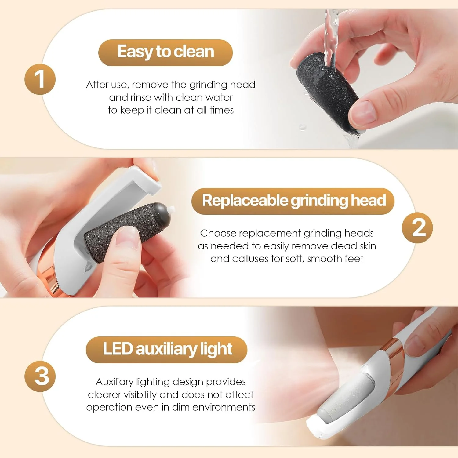 RoserRose Callus File, Foot File, Electric Callus Remover Feet, Electric Callus Remover Feet, Pedicure Set, Foot Care Electric with 2 Grinding Heads, 2 Speeds & LED Light