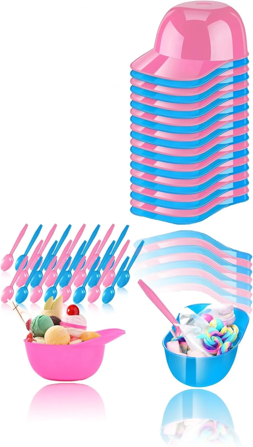 لوازم مهمانی تابستانی Sweet Seven - کاسه های بستنی و قاشق های مزه یکبار مصرف (صورتی، آبی آسمانی) - کاسه های کوچک بستنی خوری 8 اونسی و قاشق های دسر