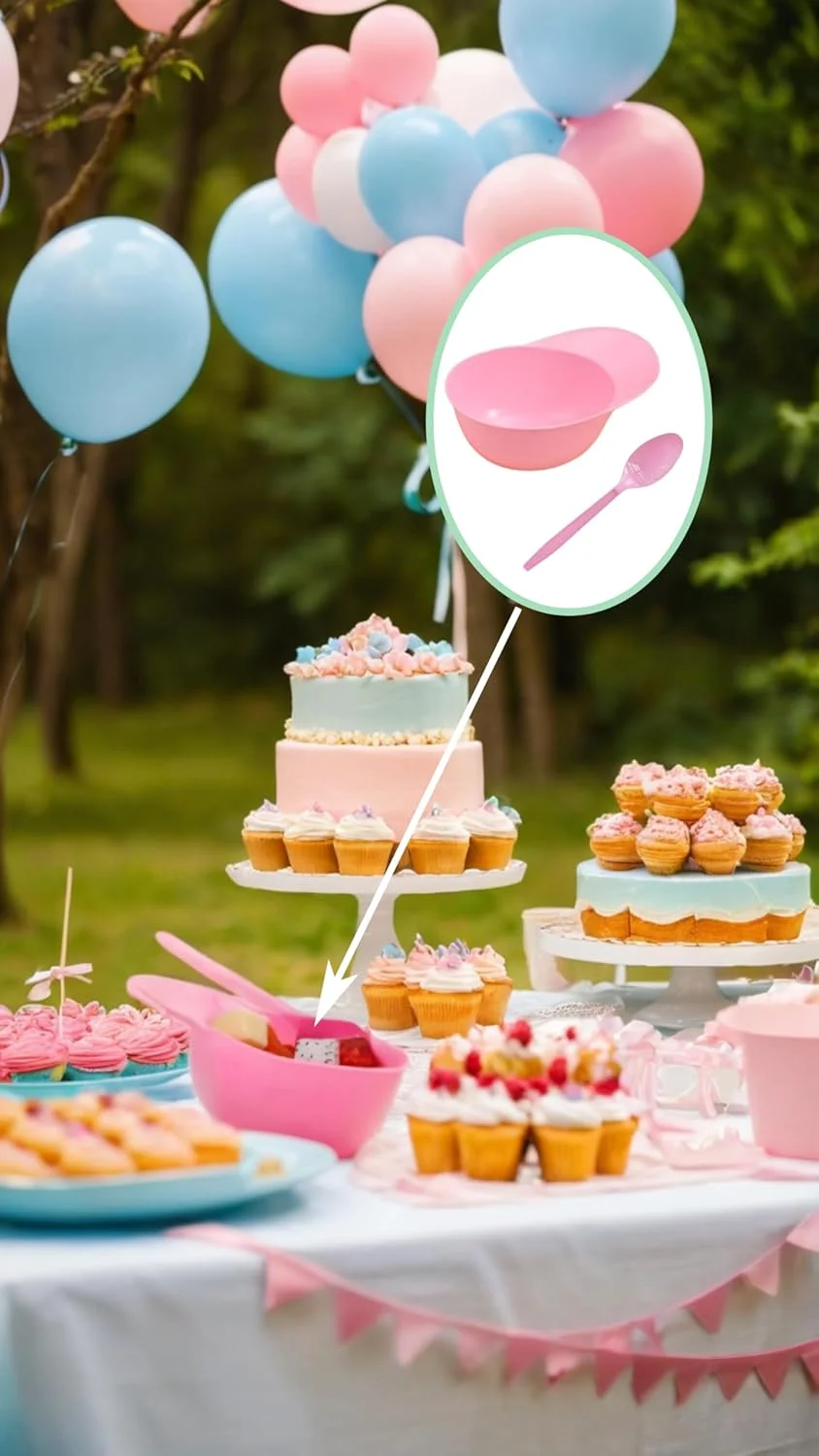 لوازم مهمانی تابستانی Sweet Seven - کاسه های بستنی و قاشق های مزه یکبار مصرف (صورتی، آبی آسمانی) - کاسه های کوچک بستنی خوری 8 اونسی و قاشق های دسر