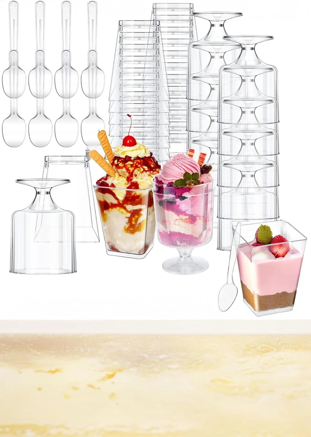 ظروف دسر مینی 5 اونسی همه کاره Sweet seven به همراه قاشق - بسته 100 عددی ظروف پلاستیکی شفاف پیش غذا برای مهمانی، دسر، جام و ظروف پارفیت مربعی