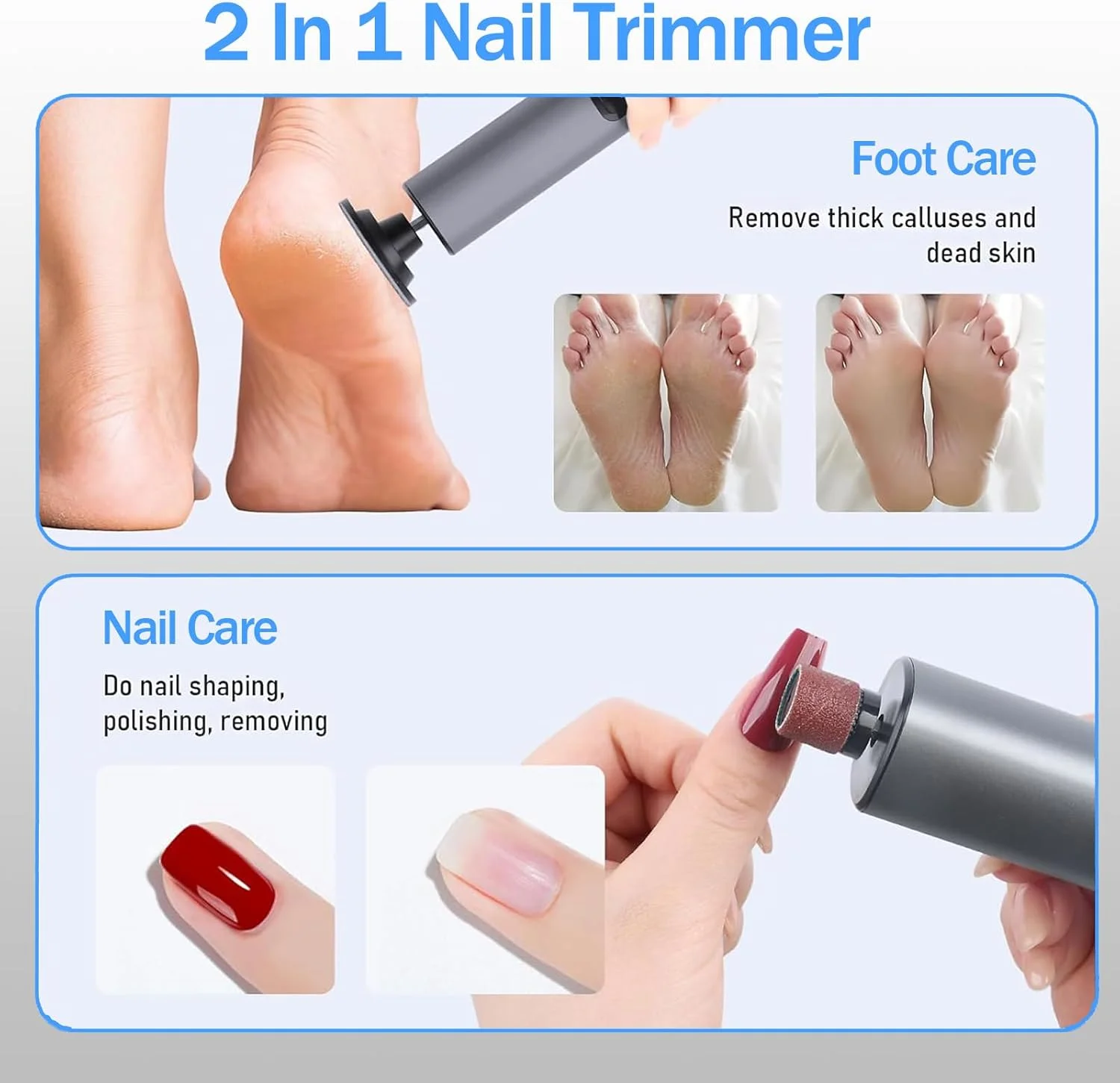 سوهان برقی پا 2 در 1 قابل شارژ، از بین برنده پینه پا با 20 پد لایه بردار پا و 10 پد لایه بردار ناخن، سوهان برقی پا با باتری 1800 میلی آمپر ساعتی، 9 سرعت قابل تنظیم