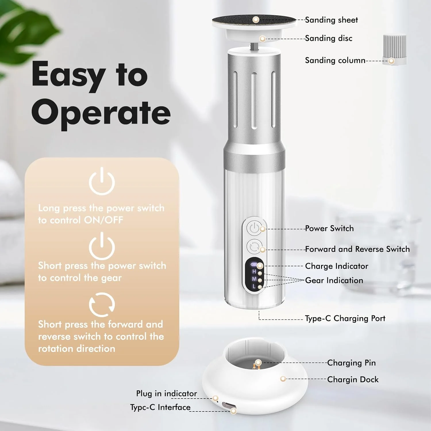 سوهان برقی شارژی پدیکور پا، کیت سوهان برقی بی سیم با 6 سرعت به همراه پایه شارژ، مناسب برای از بین بردن پینه پا برای خانم ها، آقایان و ناخن (سفید)