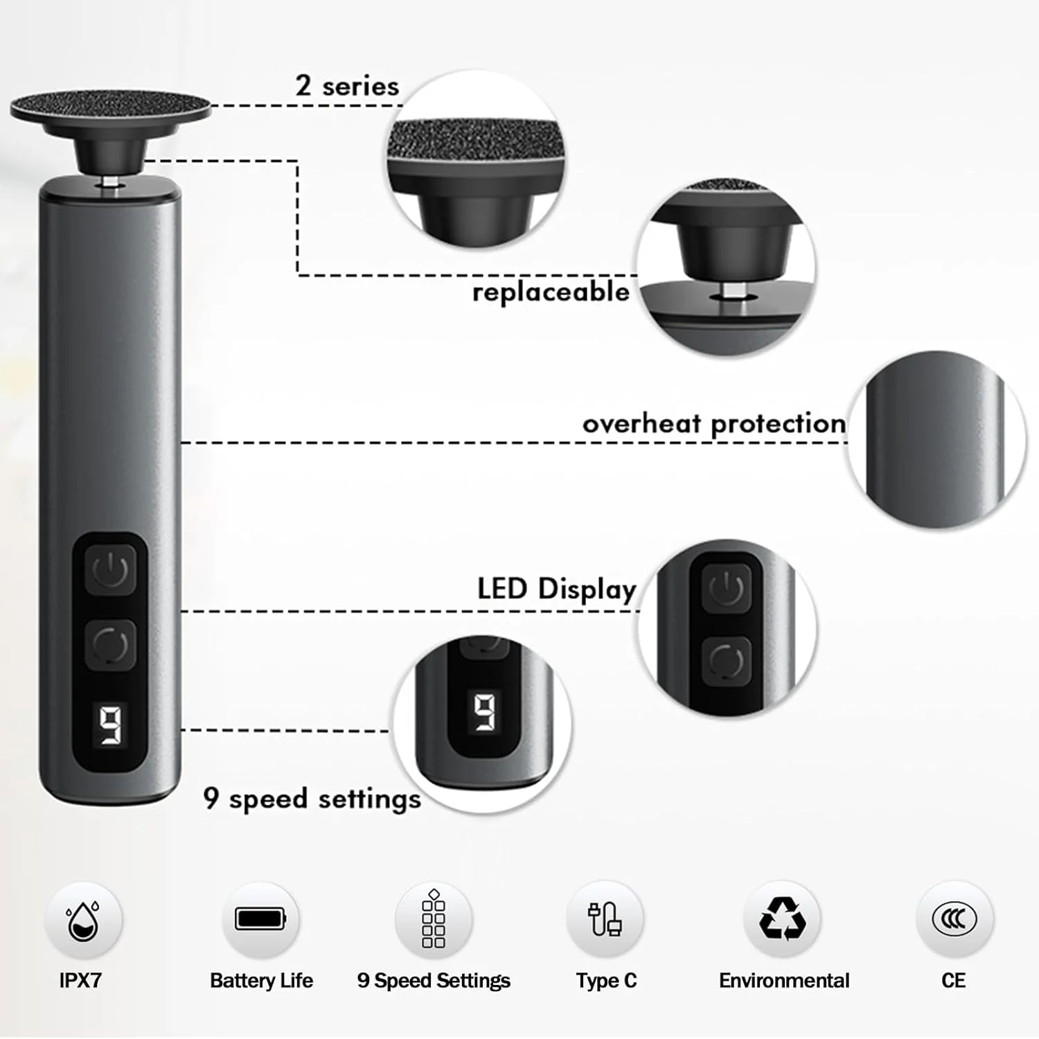 سوهان برقی پا 2 در 1 قابل شارژ، از بین برنده پینه پا با 20 پد لایه بردار پا و 10 پد لایه بردار ناخن، سوهان برقی پا با باتری 1800 میلی آمپر ساعتی، 9 سرعت قابل تنظیم