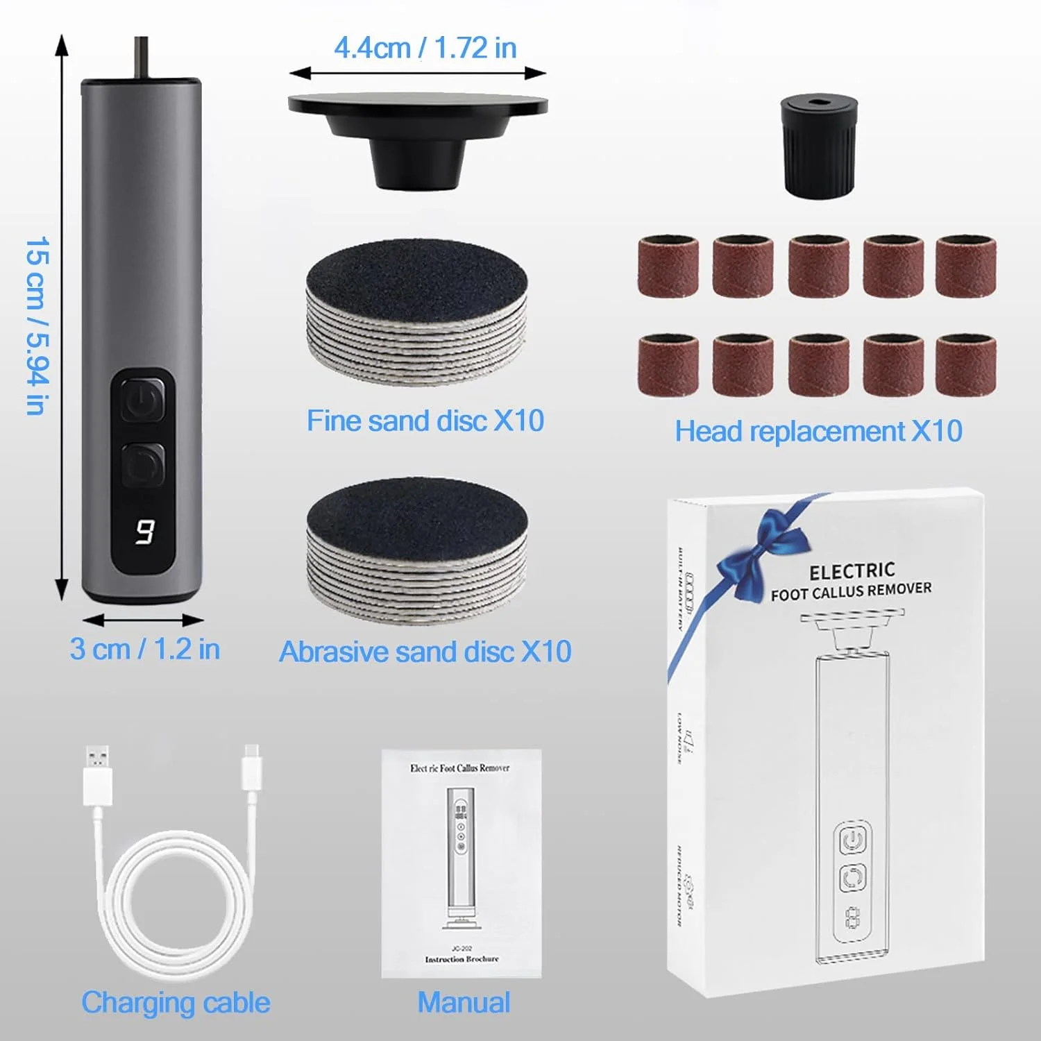 سوهان برقی پا 2 در 1 قابل شارژ، از بین برنده پینه پا با 20 پد لایه بردار پا و 10 پد لایه بردار ناخن، سوهان برقی پا با باتری 1800 میلی آمپر ساعتی، 9 سرعت قابل تنظیم