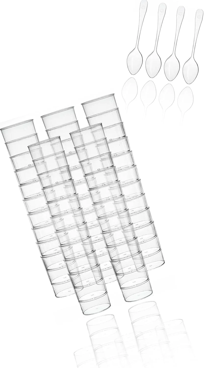 ظروف دسر مینی Sweet Seven، بسته 100 عددی به همراه قاشق - پلاستیکی گرد 90 میلی لیتری برای دسرهای شکلاتی، بستنی، پودینگ و مهمانی های تست