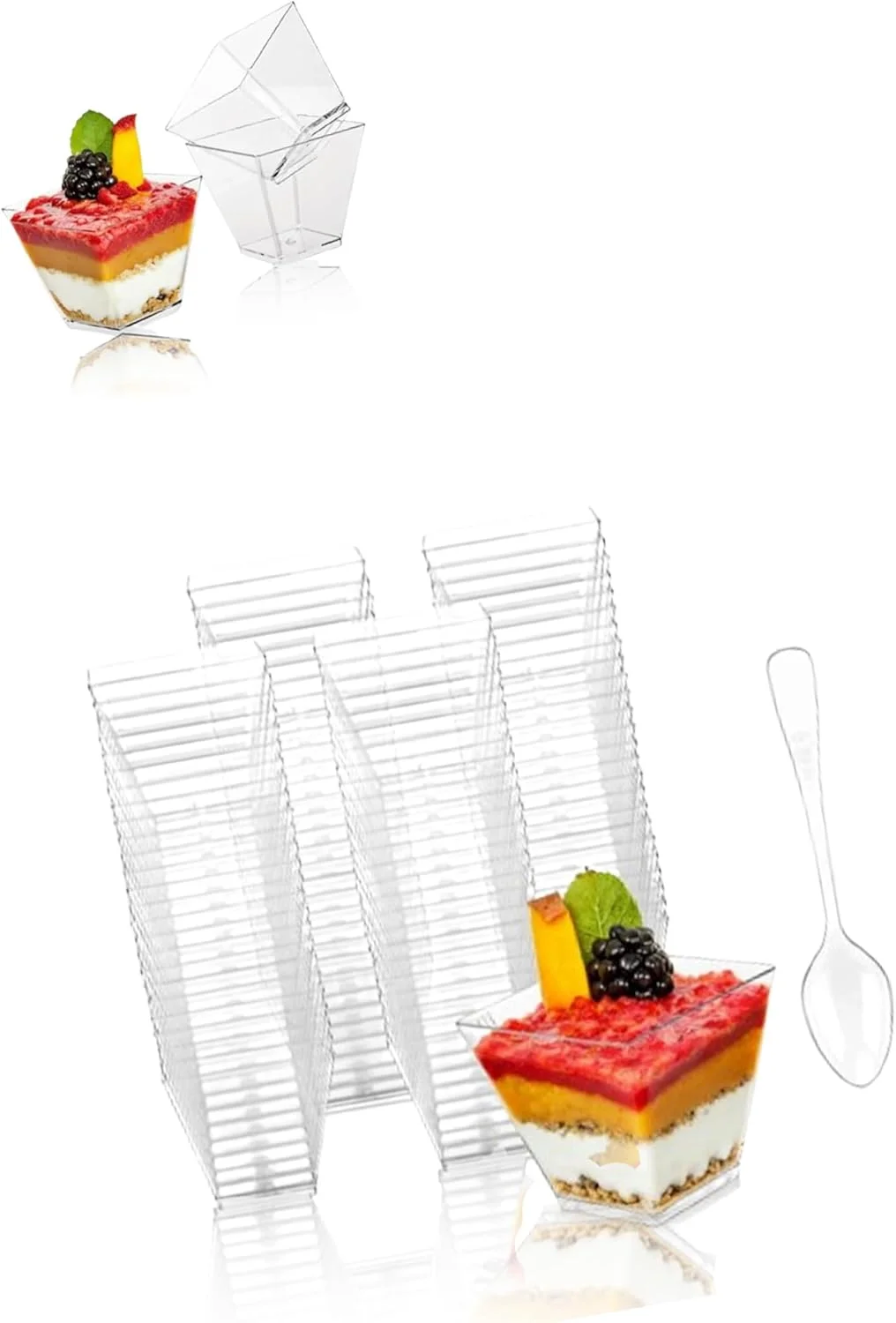 ظروف دسر مینیاتوری 2 اونسی Sweet seven، بسته 100 عددی، همراه با قاشق - کاسه های کوچک دسر قابل استفاده مجدد برای سرو میوه، بستنی، پودینگ و ماست