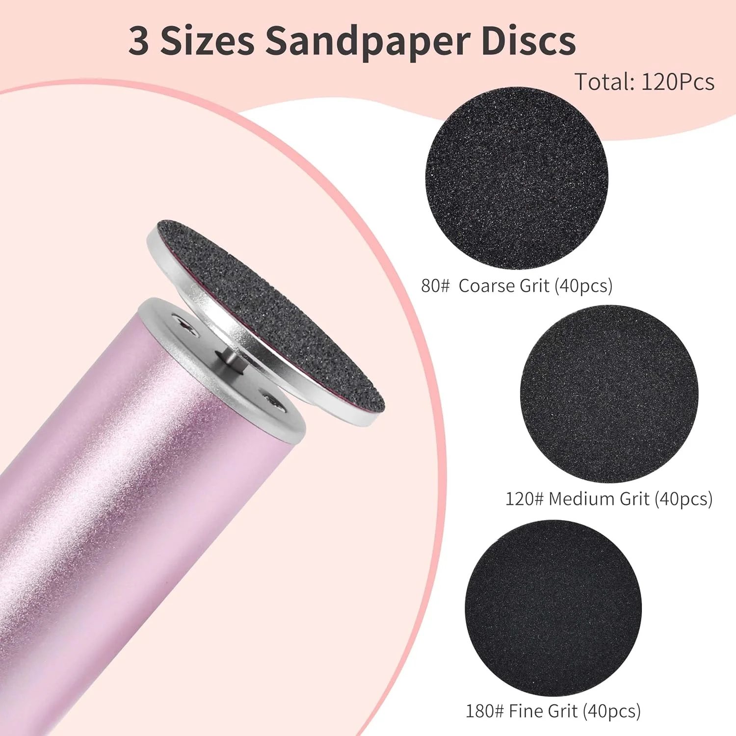 سوهان برقی شارژی پا AprElm با 120 عدد دیسک سمباده در 3 سایز، سوهان برقی آلومینیومی حرفه ای پا با سرعت 900 دور در دقیقه و کنترل 3 سرعته به همراه کابل آداپتور (E3 صورتی رز)