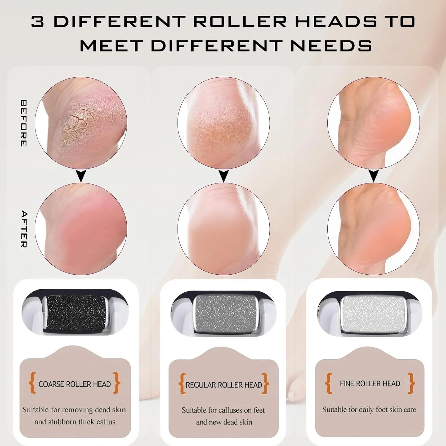 سوهان برقی شارژی پا با 3 سری غلتکی، سوهان و اسکرابر ضد آب برای پوست های سفت، ترک خورده و خشک، ابزار چند سرعته پدیکور مراقبت از پا