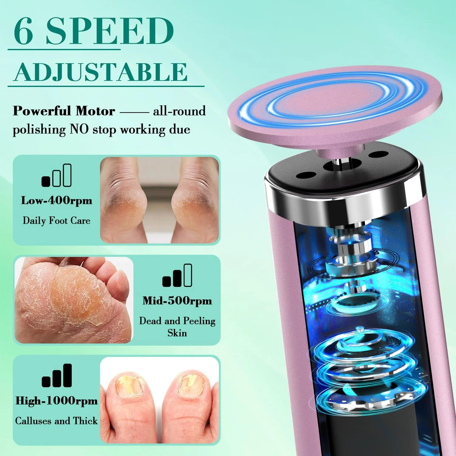 سوهان برقی پا 2 در 1 قابل شارژ، سوهان پینه بردار ارتقا یافته برای پا، سوهان پا با 6 سرعت قابل تنظیم به همراه 50 عدد دیسک سمباده برای مراقبت از ناخن/از بین بردن پینه های پوست مرده