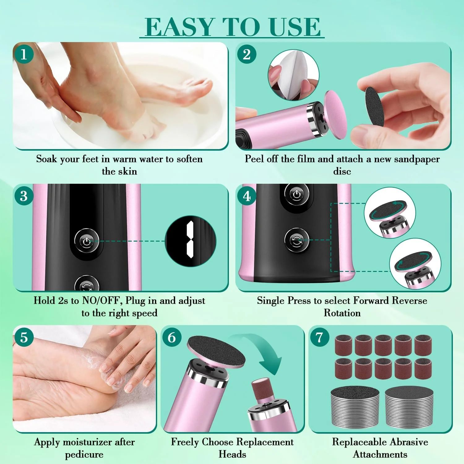 سوهان برقی پا 2 در 1 قابل شارژ، سوهان پینه بردار ارتقا یافته برای پا، سوهان پا با 6 سرعت قابل تنظیم به همراه 50 عدد دیسک سمباده برای مراقبت از ناخن/از بین بردن پینه های پوست مرده