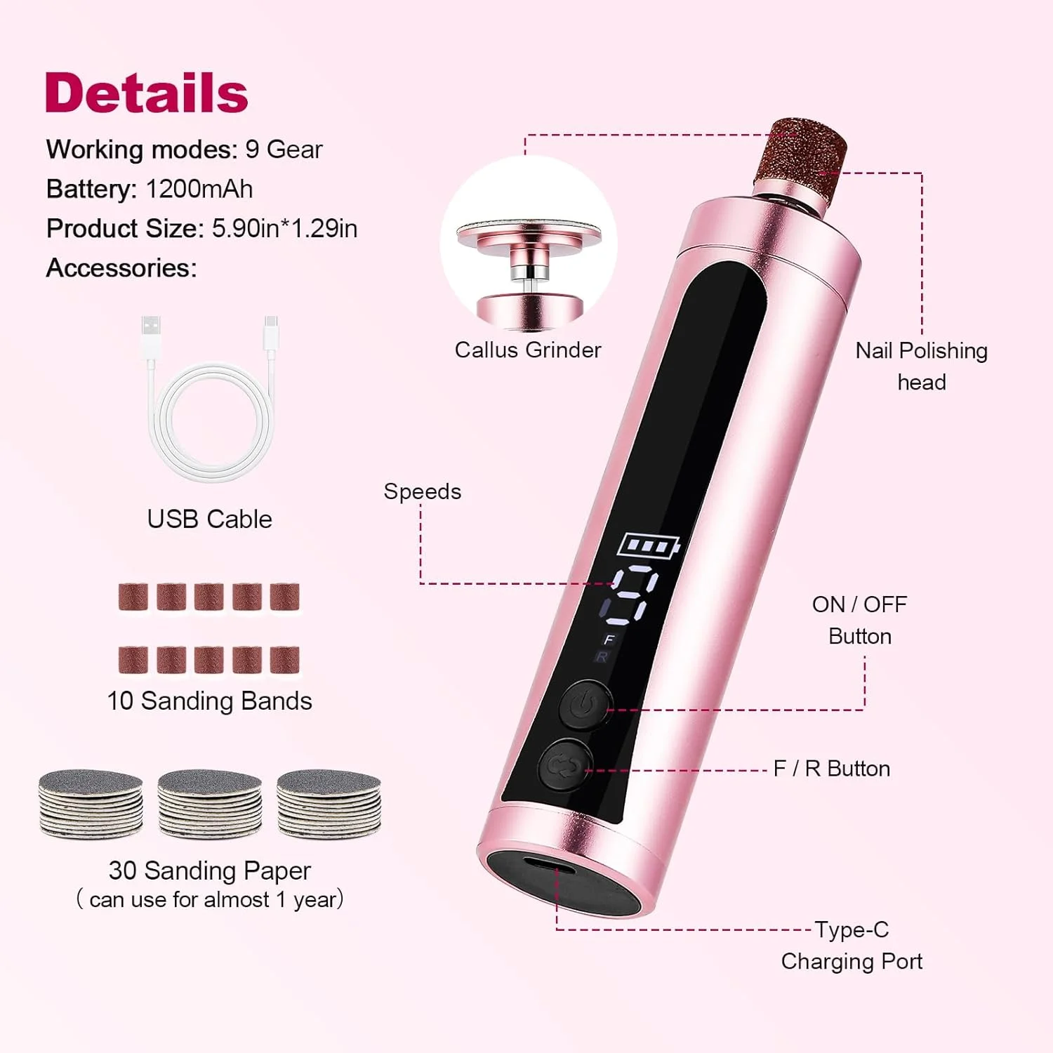 دستگاه سوهان برقی پا 2 در 1 شارژی، از بین برنده پینه و ترک پا، دارای صفحه نمایش LCD، 9 سرعت قابل تنظیم، 2 سری سمباده و 30 عدد کاغذ سمباده