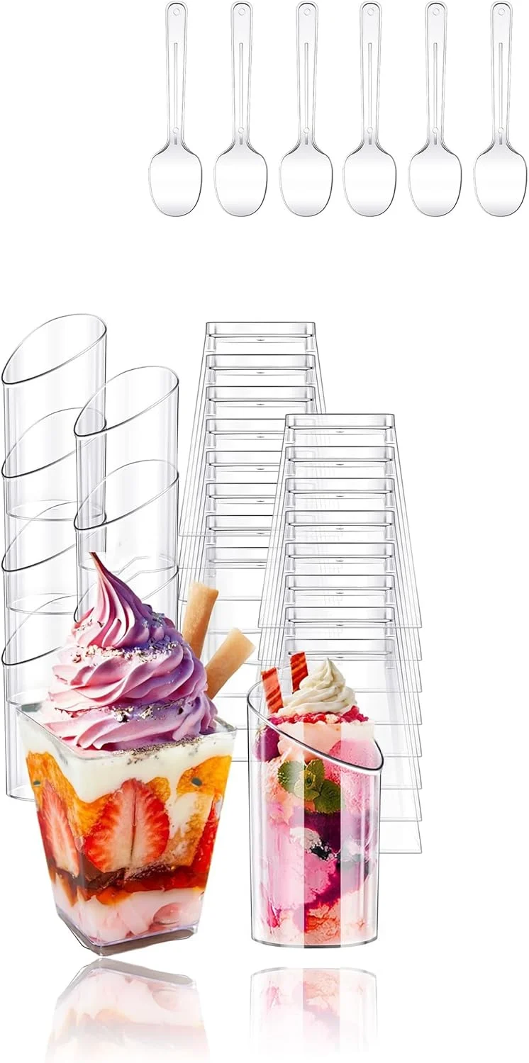 ظروف دسر مینی 200 عددی Sweet seven به همراه قاشق - ست فنجان پیش غذا و پارفیت پلاستیکی شفاف برای مهمانی و دسر (3oz و 5oz)