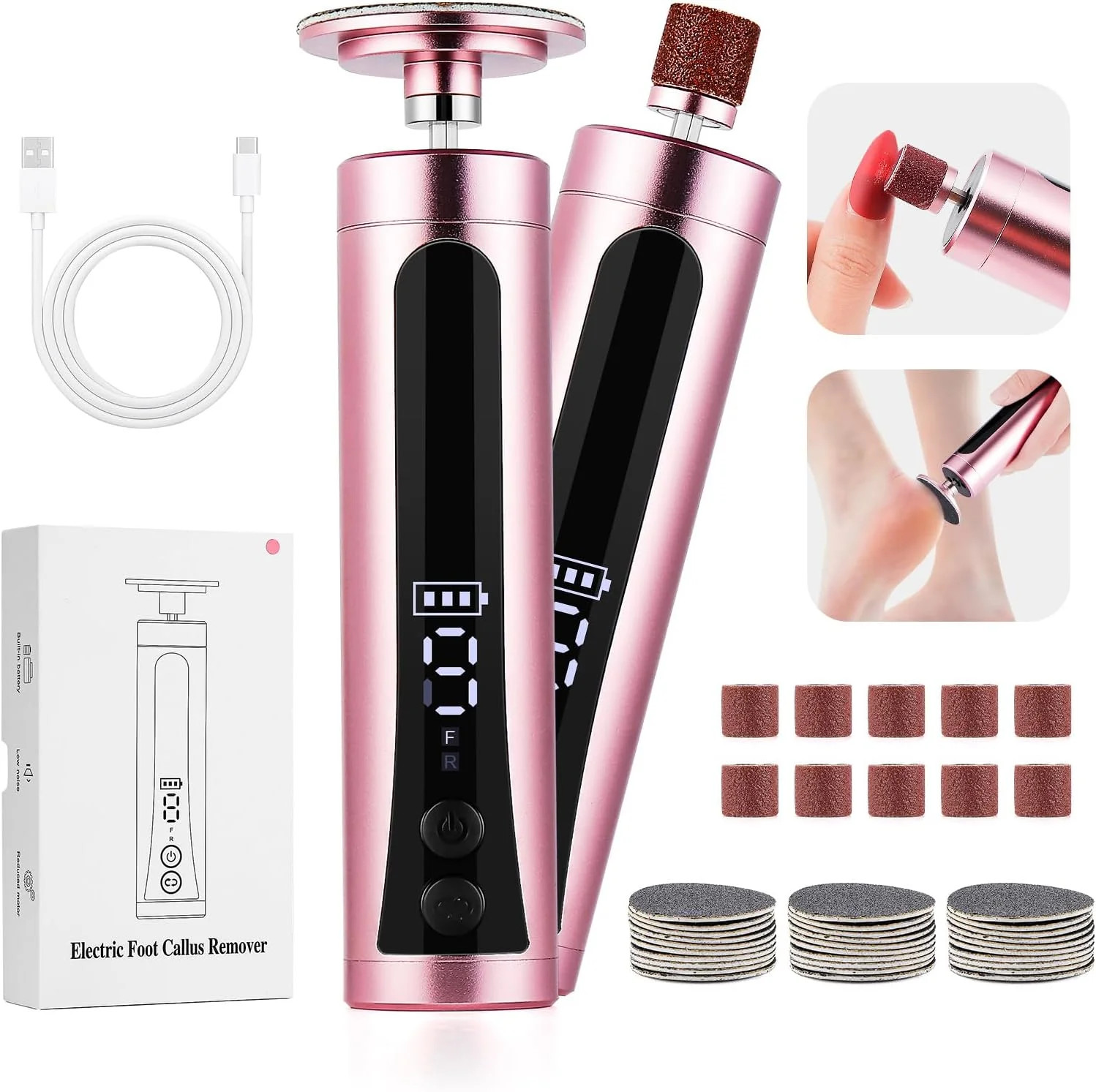 دستگاه سوهان برقی پا 2 در 1 شارژی، از بین برنده پینه و ترک پا، دارای صفحه نمایش LCD، 9 سرعت قابل تنظیم، 2 سری سمباده و 30 عدد کاغذ سمباده