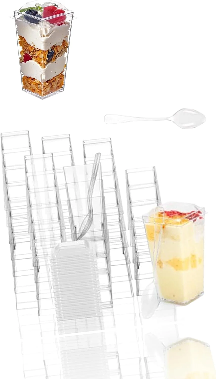 بسته 30 عددی لیوان دسر مینیاتوری مربعی شفاف Sweet Seven به همراه درب و قاشق، مناسب برای پارفه، پودینگ و پیش غذا، لیوان های کوچک پلاستیکی شات دسر 100 میلی لیتری برای مهمانی ها