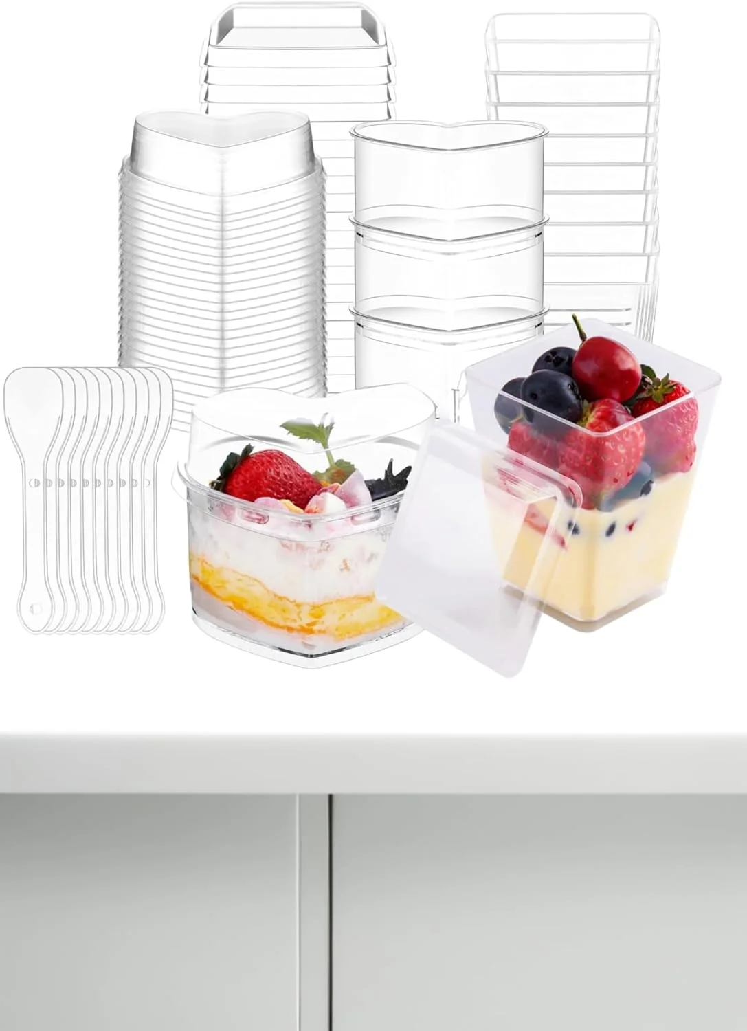 ظروف دسر پلاستیکی 100 عددی Sweet seven با درب و قاشق - ظروف پیش غذای مربعی و قلبی شکل برای دسرها، بستنی و موارد دیگر