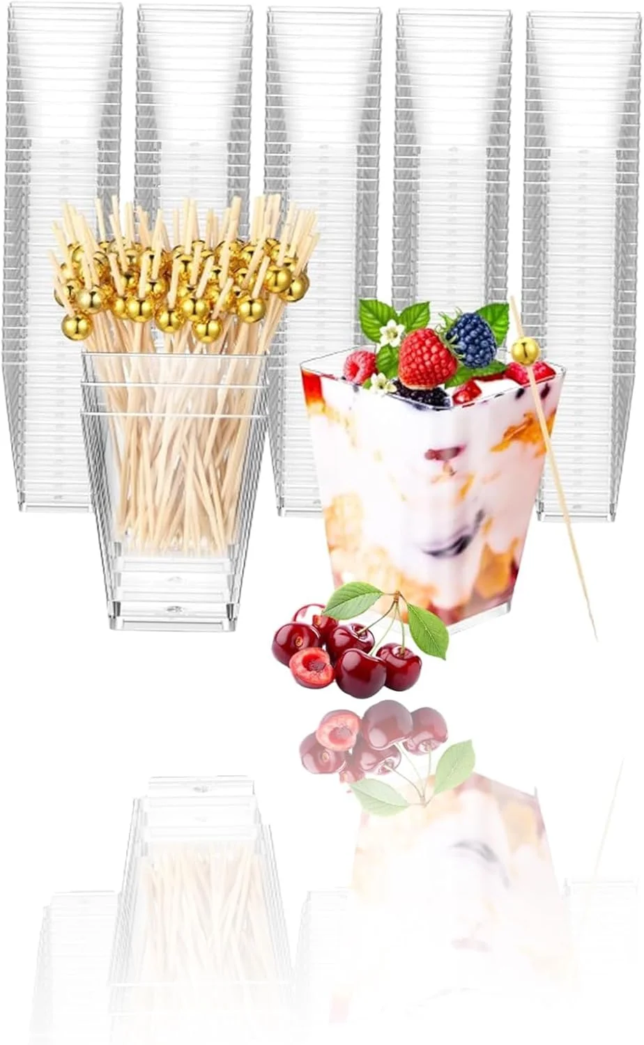 پک 100 عددی ظروف دسر پلاستیکی مربعی 150 میلی لیتری Sweet Seven به همراه سیخ های بامبو - شفاف، مناسب برای پارفه ماست، دسرها و موارد دیگر