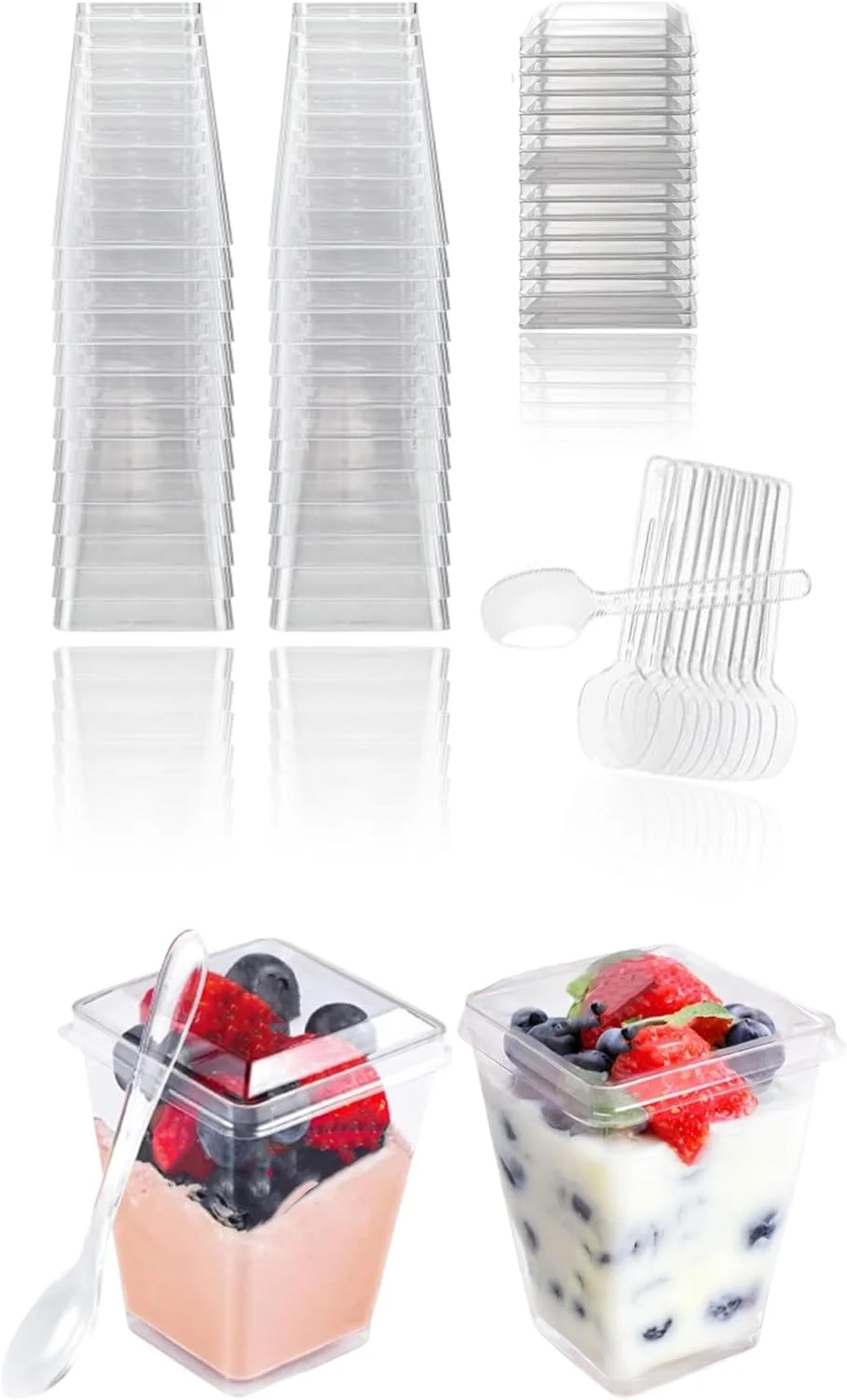 ظروف دسر پلاستیکی شفاف Sweet seven بسته 50 عددی به همراه درب و قاشق برای پارفه، پیش غذا، پودینگ، میوه و بستنی در مهمانی ها و رویدادها