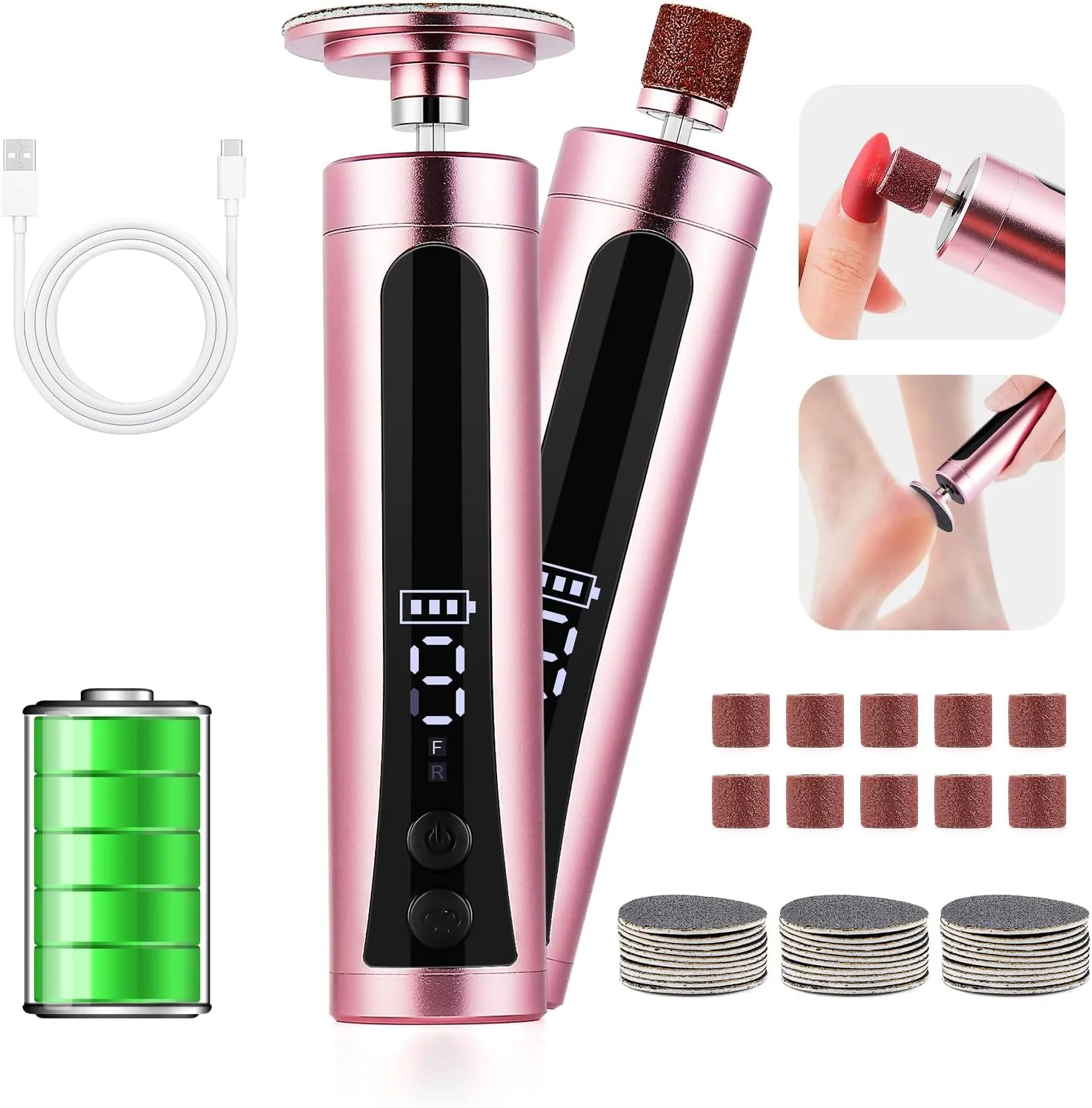 دستگاه سوهان برقی پا 2 در 1 شارژی، از بین برنده پینه و ترک پا، دارای صفحه نمایش LCD، 9 سرعت قابل تنظیم، 2 سری سمباده و 30 عدد کاغذ سمباده