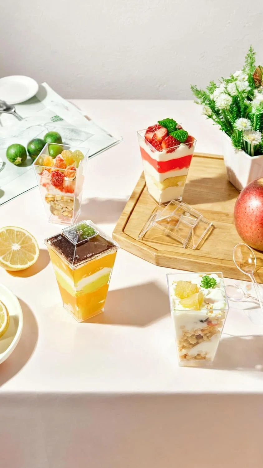 بسته 30 عددی لیوان دسر مینیاتوری مربعی شفاف Sweet Seven به همراه درب و قاشق، مناسب برای پارفه، پودینگ و پیش غذا، لیوان های کوچک پلاستیکی شات دسر 100 میلی لیتری برای مهمانی ها بسته 30 عددی لیوان دسر مینیاتوری مربعی شفاف Sweet Seven به همراه درب و قاشق، مناسب برای پارفه، پودینگ و پیش غذا، لیوان های کوچک پلاستیکی شات دسر 100 میلی لیتری برای مهمانی ها