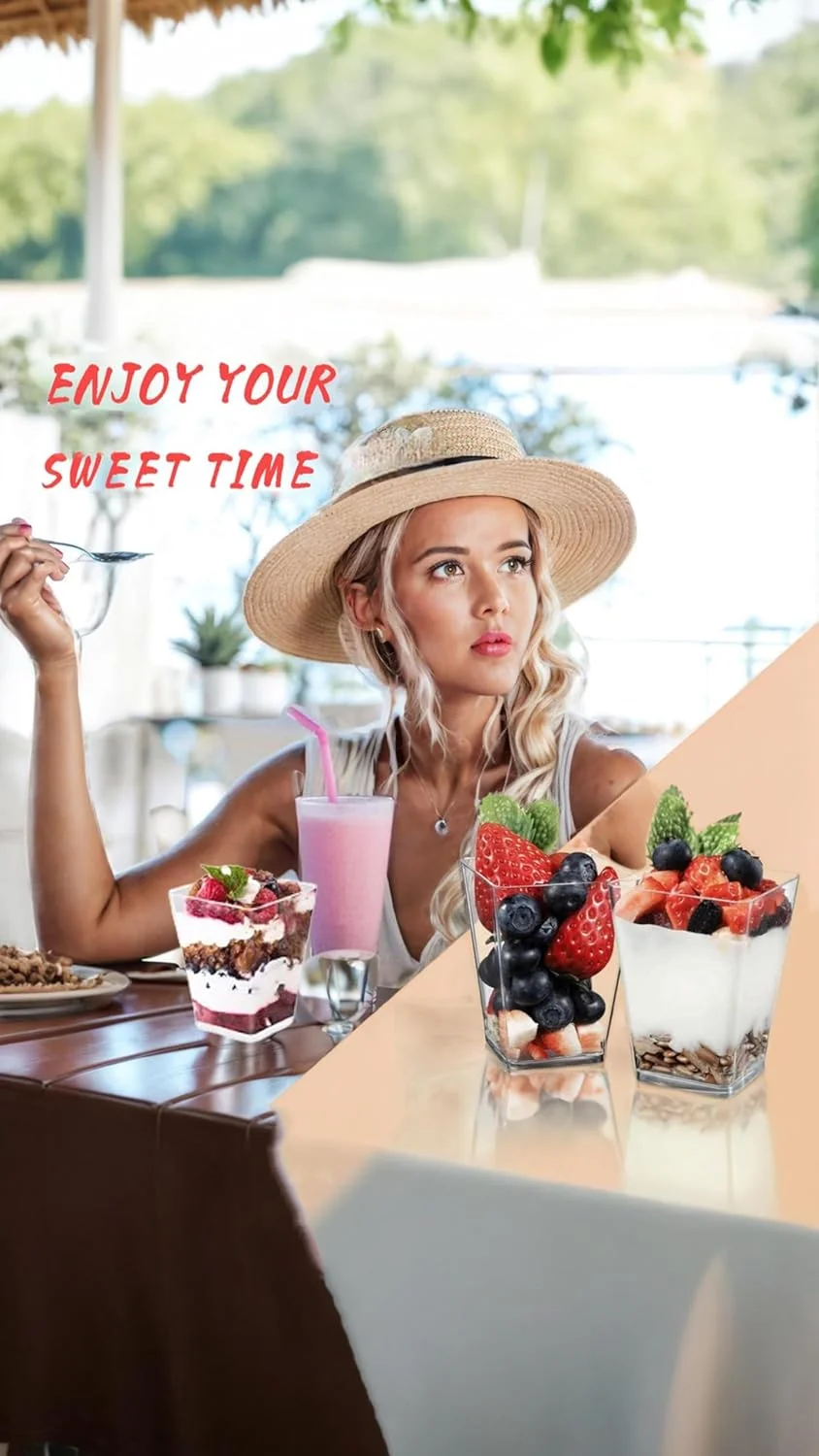 ظروف دسر پلاستیکی شفاف Sweet seven بسته 50 عددی به همراه درب و قاشق برای پارفه، پیش غذا، پودینگ، میوه و بستنی در مهمانی ها و رویدادها ظروف دسر پلاستیکی شفاف Sweet seven بسته 50 عددی به همراه درب و قاشق برای پارفه، پیش غذا، پودینگ، میوه و بستنی در مهمانی ها و رویدادها