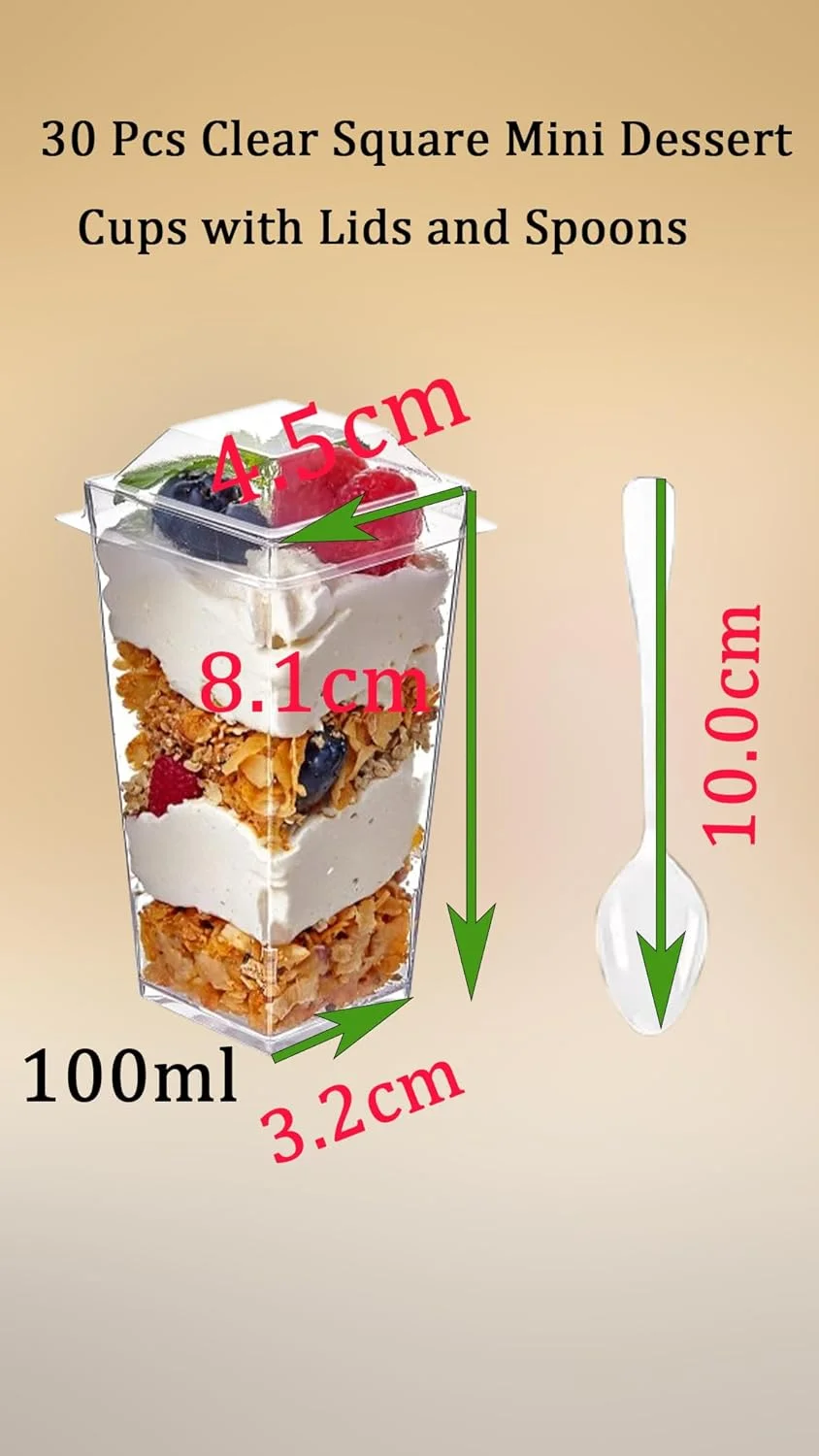 بسته 30 عددی لیوان دسر مینیاتوری مربعی شفاف Sweet Seven به همراه درب و قاشق، مناسب برای پارفه، پودینگ و پیش غذا، لیوان های کوچک پلاستیکی شات دسر 100 میلی لیتری برای مهمانی ها بسته 30 عددی لیوان دسر مینیاتوری مربعی شفاف Sweet Seven به همراه درب و قاشق، مناسب برای پارفه، پودینگ و پیش غذا، لیوان های کوچک پلاستیکی شات دسر 100 میلی لیتری برای مهمانی ها