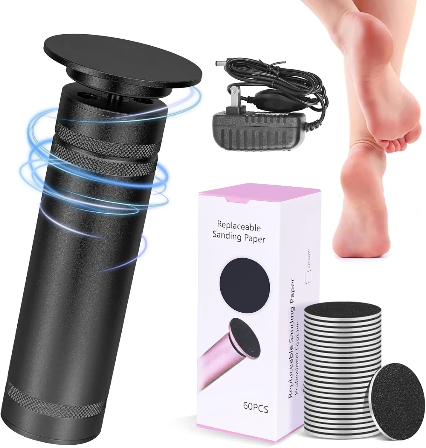 سوهان برقی حرفه ای پا - سوهان فلزی پا با سرعت قابل تنظیم 1200 دور در دقیقه برای از بین بردن پوست مرده، حذف خودکار پینه با دیسک های سمباده ای جایگزین برای ابزار پدیکور پا زنانه و مردانه (مشکی)