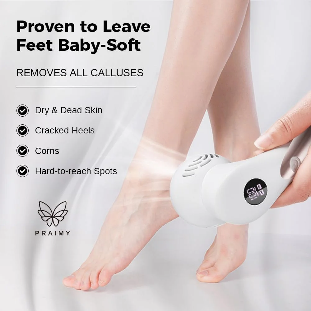 سوهان برقی پدیکور پا PRAIMY، شارژی بدون سیم، طراحی جمع و جور، ضد آب IPX7، دارای 9 سری، نمایشگر LCD، سفید