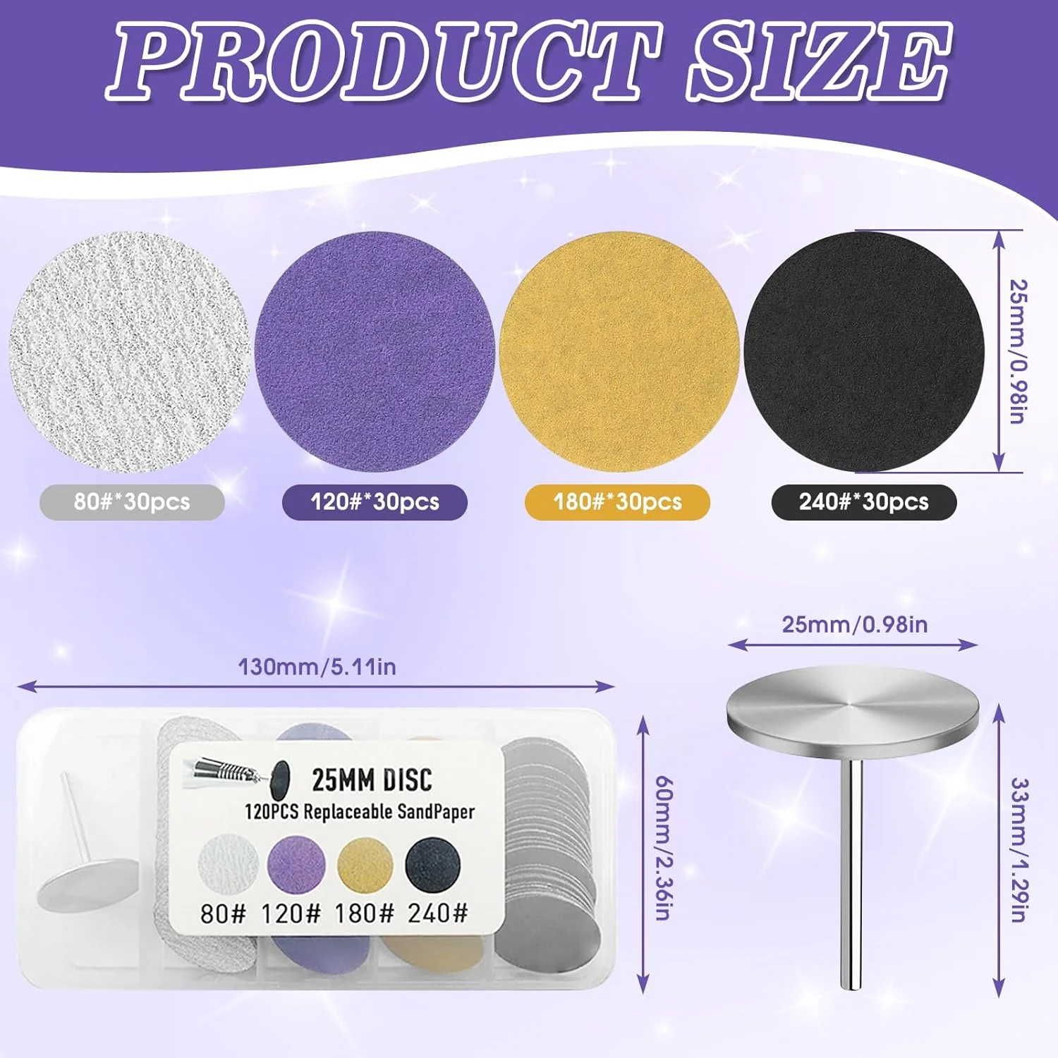 مجموعه 120 عددی دیسک سمباده پدیکور، کاغذ سمباده 25 میلی متری سنگ پای برقی با درجه زبری 80/120/180/240 به همراه سری فلزی، سمباده یدکی، سری های اتصال دستگاه برش ناخن پا
