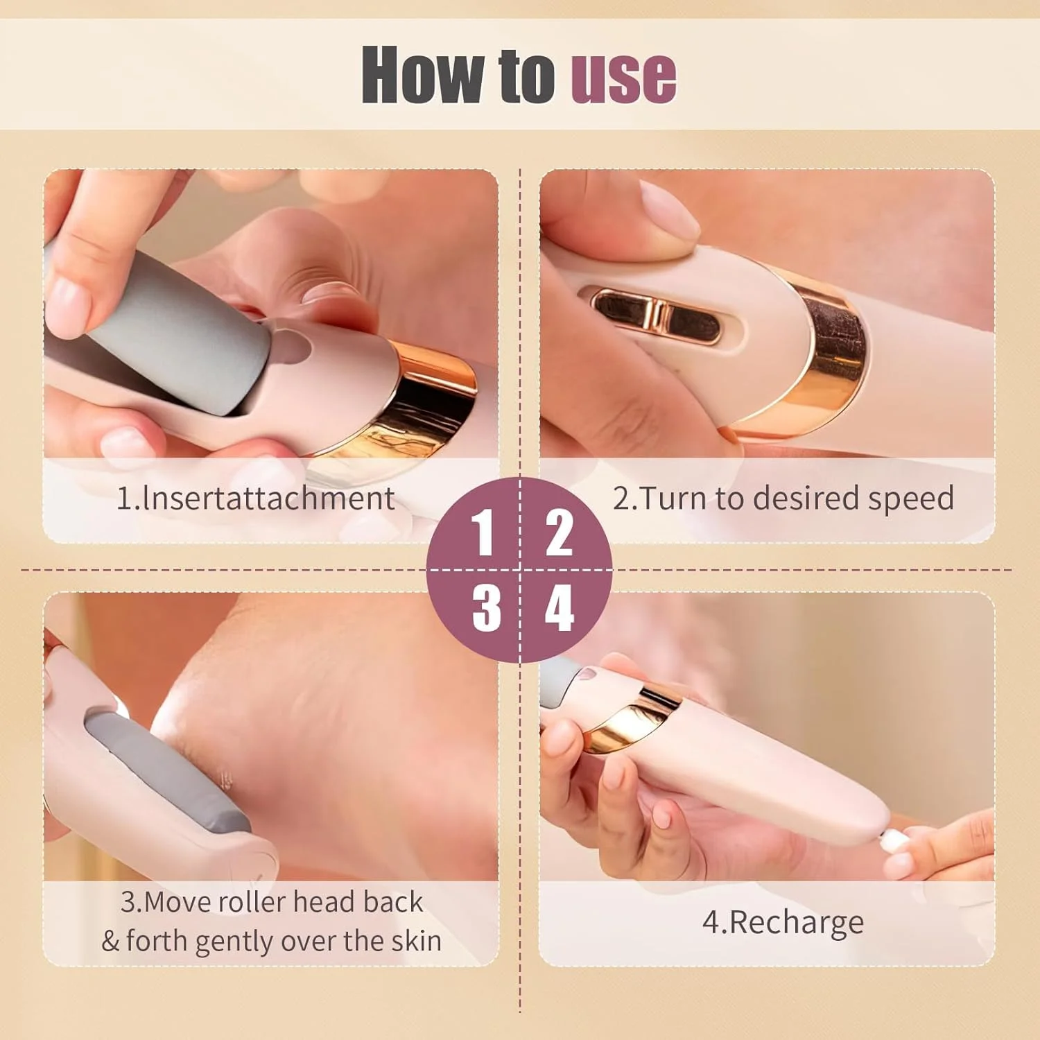 ابزار پدیکور، از بین برنده پینه برقی پا، از بین برنده پوست سخت ضد آب قابل شارژ USB با 4 سر برس، برای درمان پاشنه های ترک خورده خشک، پینه ها و پوست مرده