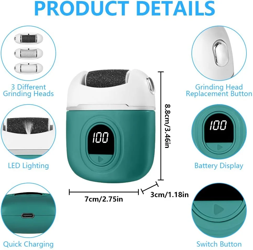 سوهان برقی پا OSDUE، دستگاه ترمیم و لایه برداری پا با شارژ USB، راحت و ملایم برای از بین بردن پوست سفت و پینه، دارای 3 غلتک، 2 حالت سرعت، سبز