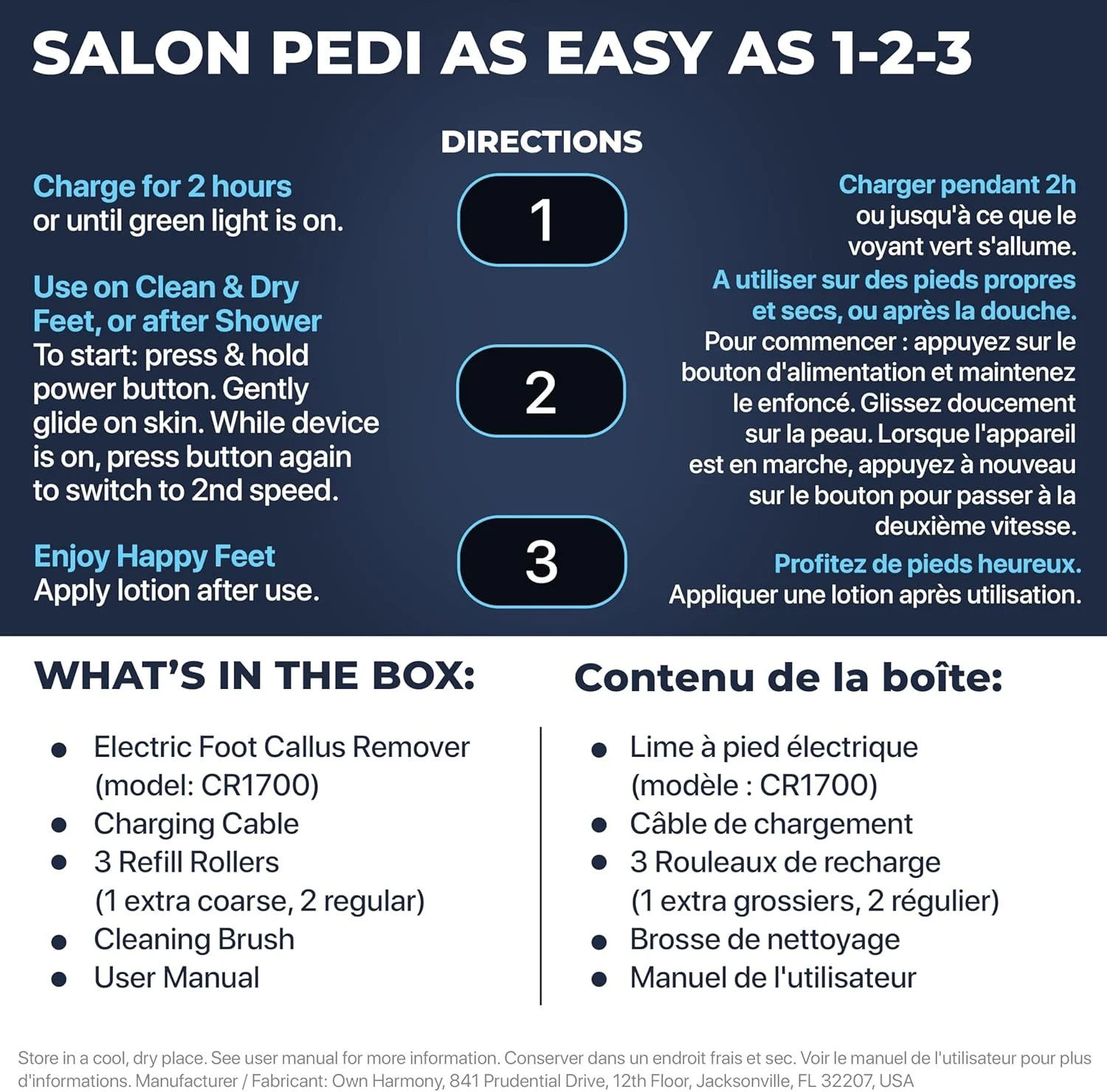 سوهان برقی شارژی از برند اون هارمونی برای از بین بردن پوست سفت: سوهان پدیکور حرفه ای - سمباده پا مدل CR1700 - موثر برای پینه و مراقبت از پاشنه های ترک خورده خشک (سیم USB)