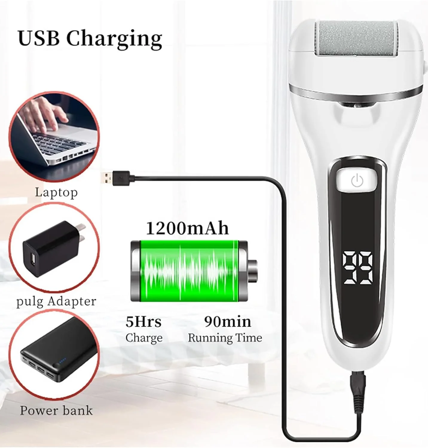 سوهان برقی پدیکور پا NOOFIE، از بین برنده پینه پا، دارای 3 غلتک و 2 سرعت، ابزار حرفه ای پدیکور، سفید (مشکی)