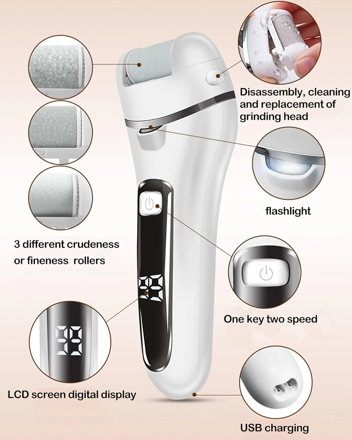 سوهان برقی پدیکور پا NOOFIE، از بین برنده پینه پا، دارای 3 غلتک و 2 سرعت، ابزار حرفه ای پدیکور، سفید (مشکی)