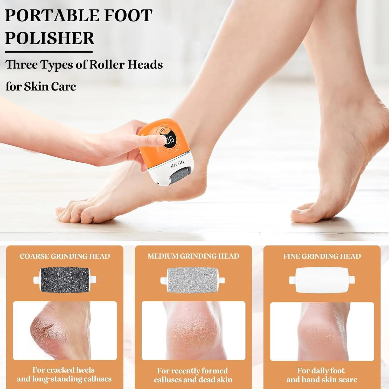 سوهان برقی پدیکور پا Nuaoi - ابزار پدیکور شارژی برای پا، 3 سری سمباده، 2 سرعت، نارنجی، پلاستیکی، سوهان