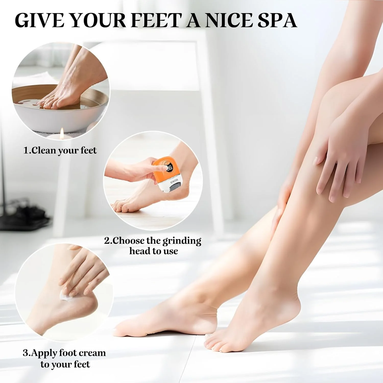 سوهان برقی پدیکور پا Nuaoi - ابزار پدیکور شارژی برای پا، 3 سری سمباده، 2 سرعت، نارنجی، پلاستیکی، سوهان