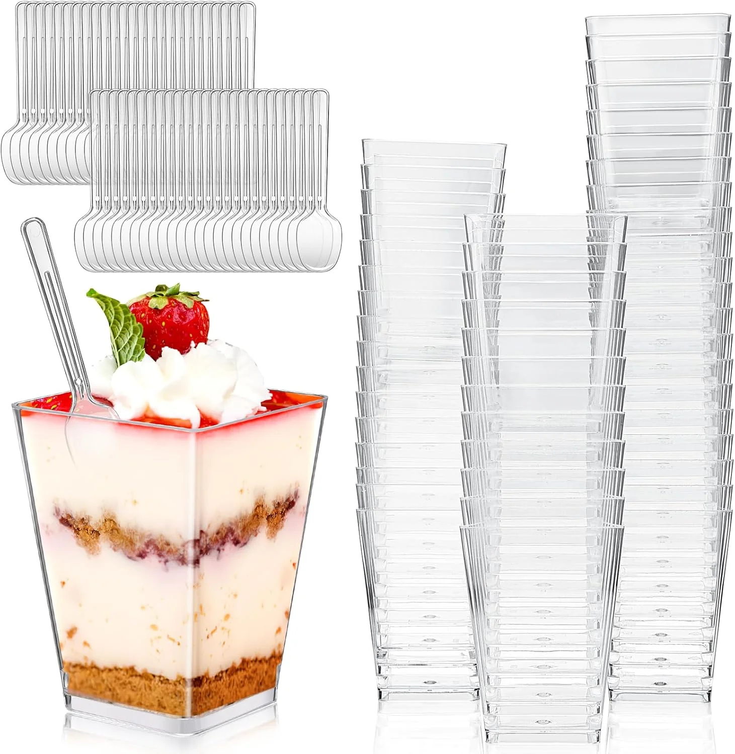 Zeawavsl بسته 50 عددی فنجان دسر به همراه 50 قاشق، فنجان دسر پلاستیکی 160 میلی لیتری، کاسه دسر شفاف، کاسه دسر قابل استفاده مجدد، برای موس، پودینگ، بستنی، مهمانی دسر و پیک نیک