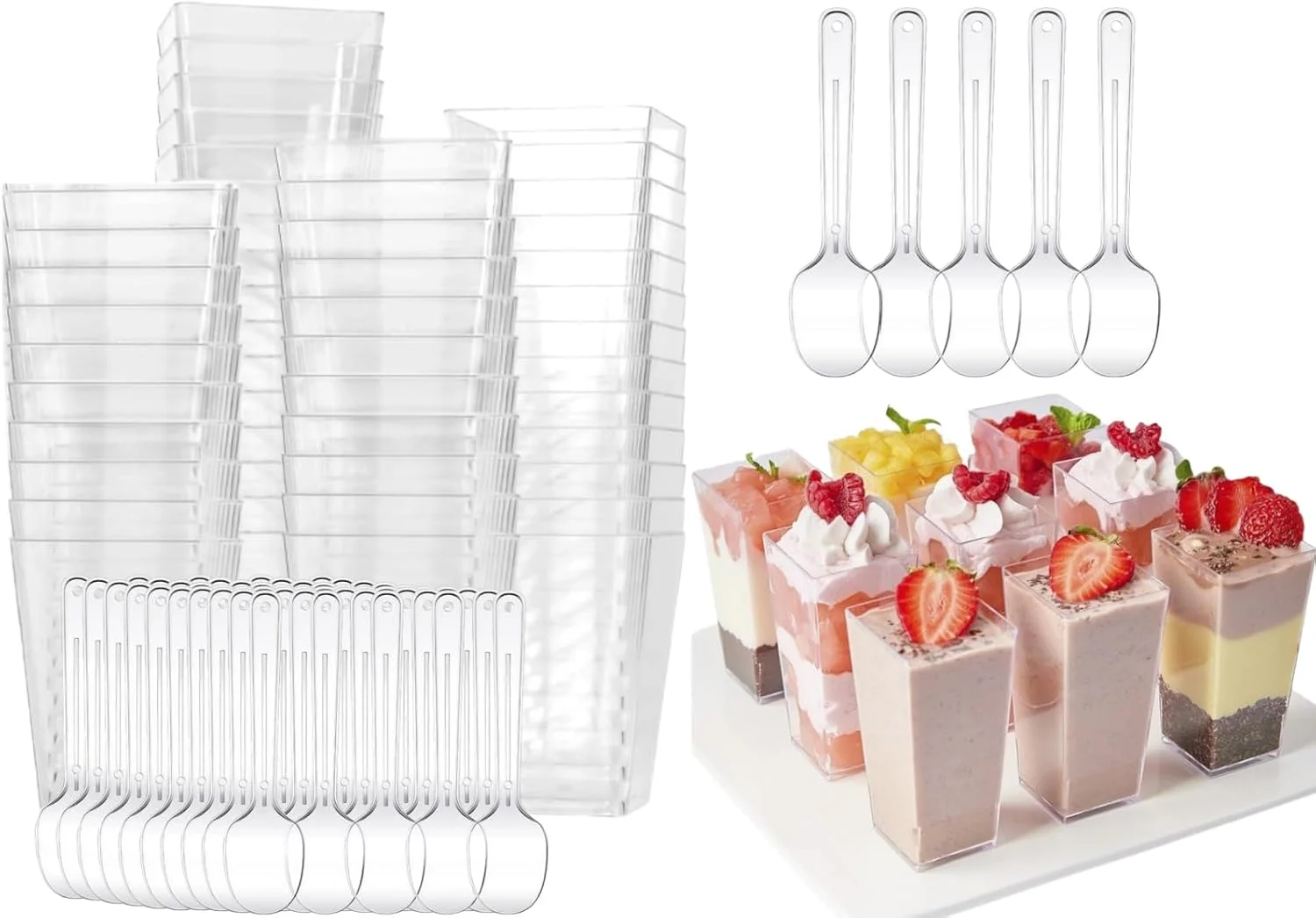 ظروف دسر ZDL، 50 عدد ظرف دسر شفاف، کاسه دسر شفاف، ظروف دسر مربعی، ظروف دسر مربعی قابل استفاده مجدد، برای پودینگ موس بستنی مهمانی دسر