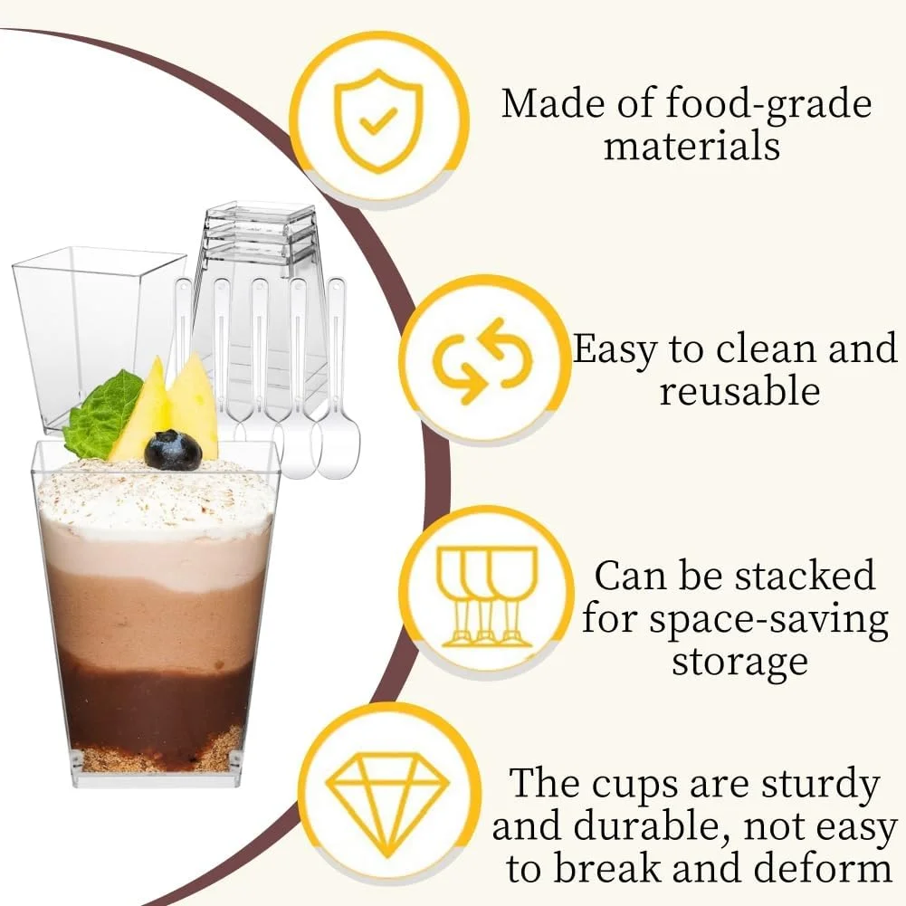 ظروف دسر ZDL، 50 عدد ظرف دسر شفاف، کاسه دسر شفاف، ظروف دسر مربعی، ظروف دسر مربعی قابل استفاده مجدد، برای پودینگ موس بستنی مهمانی دسر