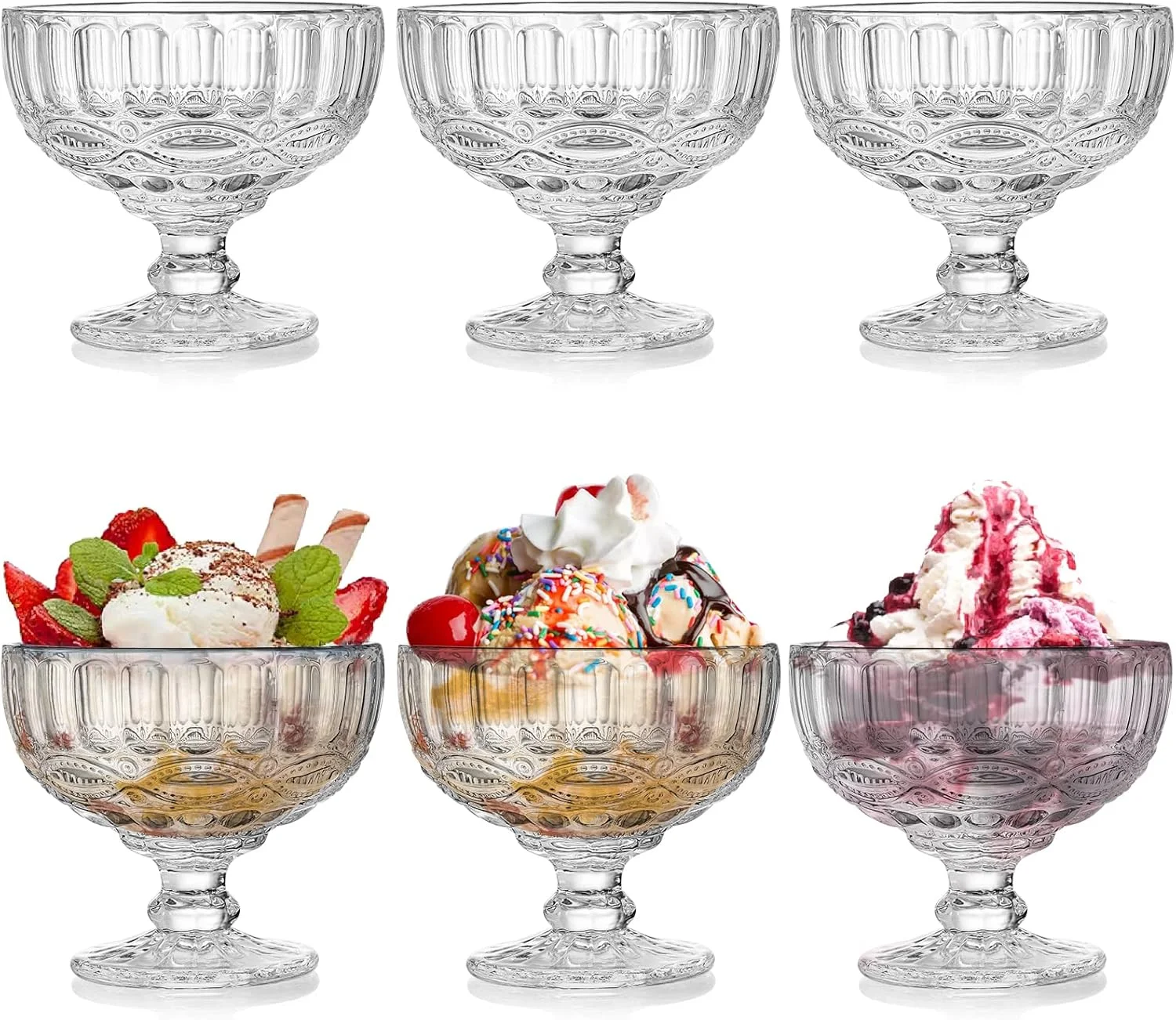 یوئون، ست 6 عددی کاسه بستنی شیشه ای، کاسه دسر شیشه ای بزرگ 350 میلی لیتری، جام بستنی پایه دار قدیمی برای دسر، بستنی، ترایفل، میوه، سالاد، اسنک، کوکتل