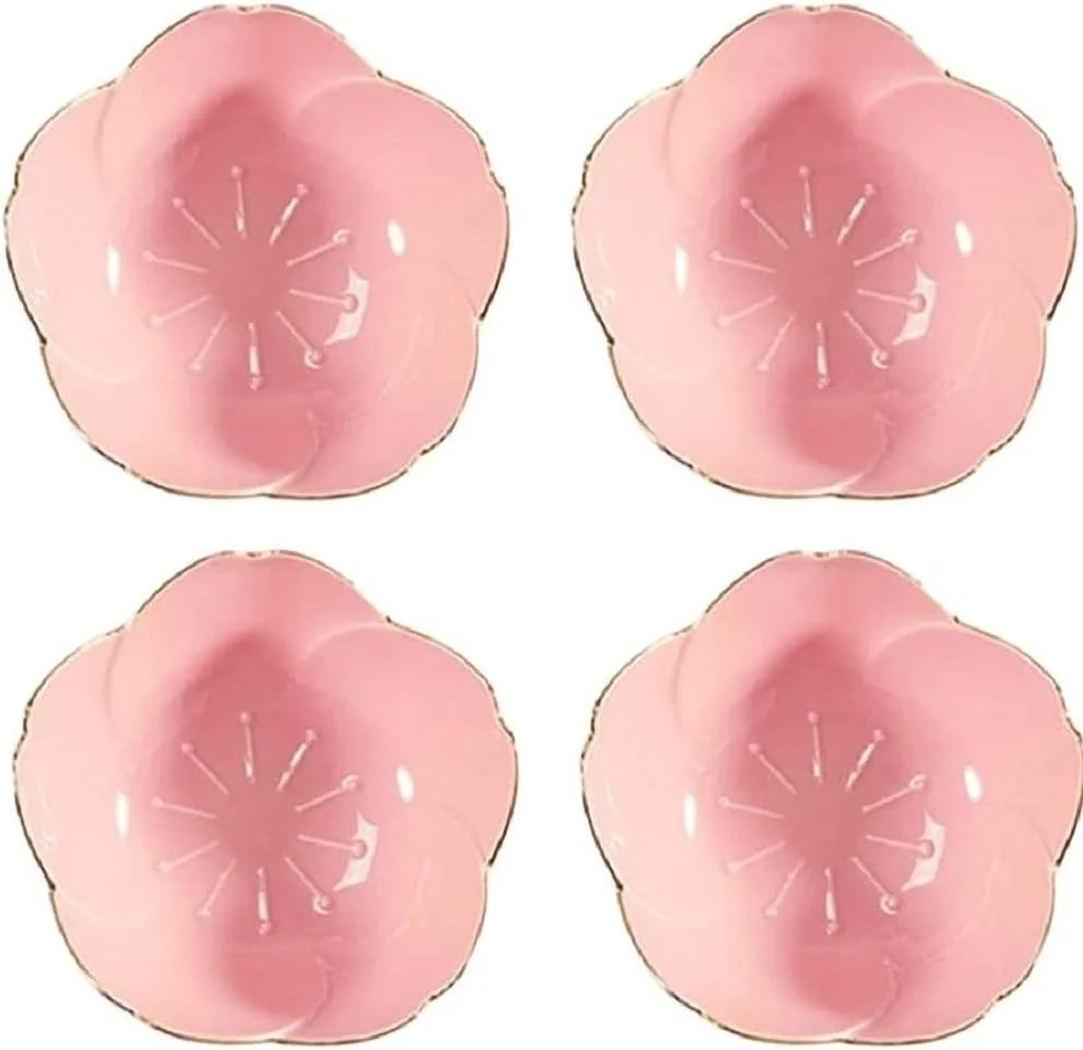 ست 4 تایی کاسه دسر YDoLimmer، کاسه سس سرامیکی طرح گل، ست کاسه سوشی، کاسه سرو برای کچاپ، سس سویا، اسنک، تاپاس، دسر (صورتی)