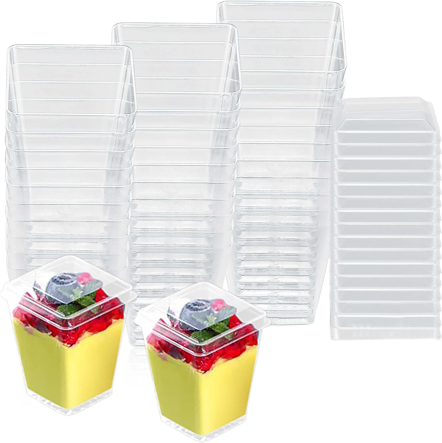 ییبای‌جیا 50 عدد فنجان دسر، کاسه دسر، گلدان‌های مربعی پلاستیکی قابل استفاده مجدد برای چیزکیک، 160 میلی‌لیتر / 5.4 اونس کاسه سرو پیش‌غذا شفاف برای دسر پودینگ و شیرینی خامه ای مهمانی، به همراه 50 عدد قاشق، 50 عدد درب