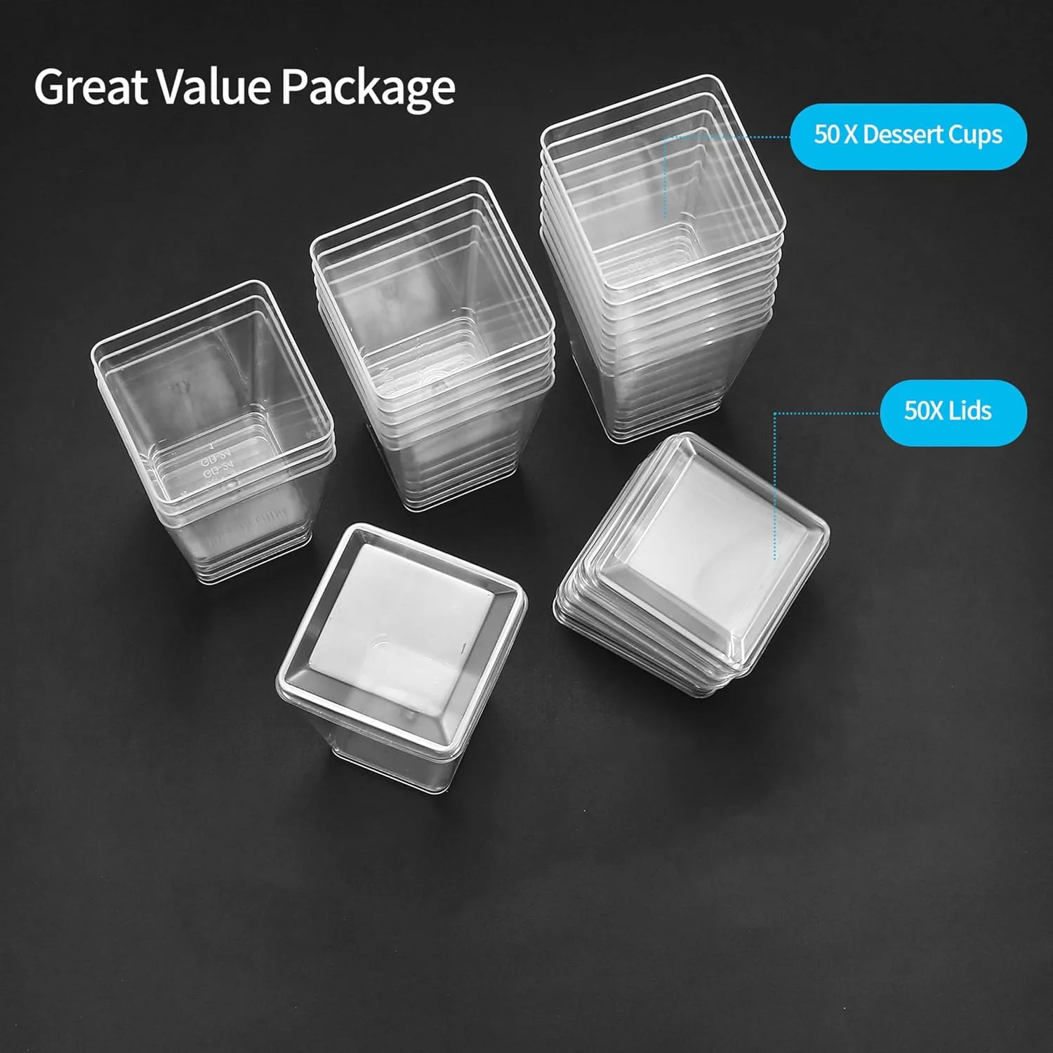 ییبای‌جیا 50 عدد فنجان دسر، کاسه دسر، گلدان‌های مربعی پلاستیکی قابل استفاده مجدد برای چیزکیک، 160 میلی‌لیتر / 5.4 اونس کاسه سرو پیش‌غذا شفاف برای دسر پودینگ و شیرینی خامه ای مهمانی، به همراه 50 عدد قاشق، 50 عدد درب