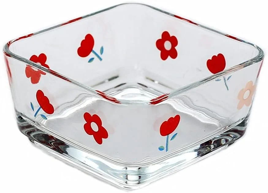 یاوکورال ظرف آب نبات طرح گل، ظرف کوچک شیشه ای آب نبات، کاسه دسر مینی، کاسه شیشه ای مربع شفاف برای دسر، تنقلات، میوه، ماست، دیپ، مخلفات، آماده سازی آشپزخانه (رنگارنگ)