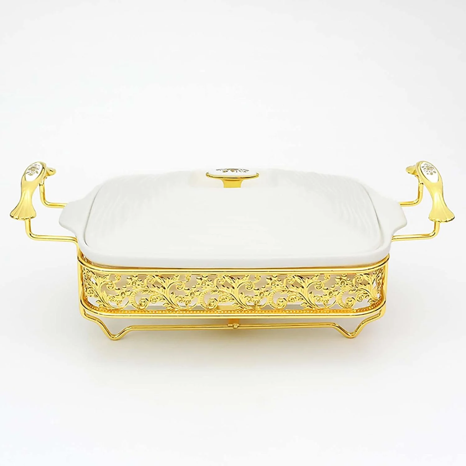 ظرف گرم نگهدارنده غذا سرامیکی مستطیلی XQKXHZ سفید، گرم کننده غذا با درب شیشه ای قابل مشاهده و جایگاه سوخت، سرویس پذیرایی مستطیلی ممتاز برای تهیه غذا، بوفه و مهمانی ها، 2.5 لیتر