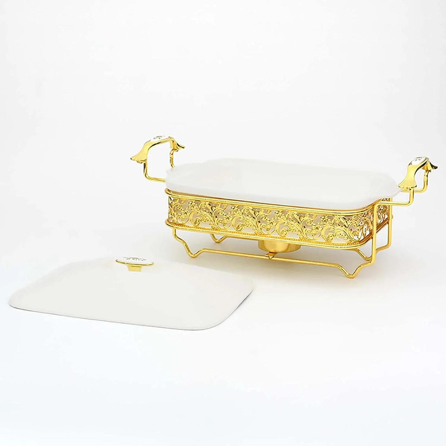 ظرف گرم نگهدارنده غذا سرامیکی مستطیلی XQKXHZ سفید، گرم کننده غذا با درب شیشه ای قابل مشاهده و جایگاه سوخت، سرویس پذیرایی مستطیلی ممتاز برای تهیه غذا، بوفه و مهمانی ها، 2.5 لیتر