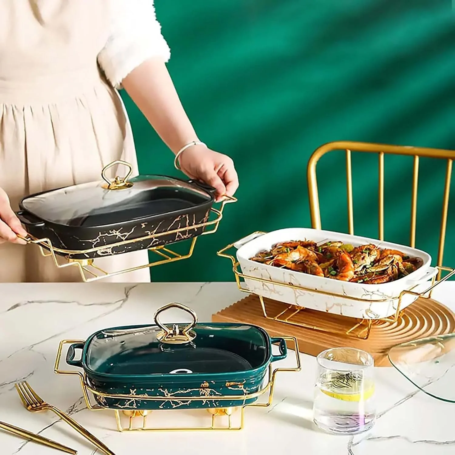 ظرف گرم نگهدارنده غذا سرامیکی XQKXHZ، مستطیلی، گرم کننده بوفه و غذا، گرمکن بوفه ممتاز با درب شیشه ای و جای سوخت، برای بوفه/عروسی/مهمانی/ضیافت/رویدادهای پذیرایی - 1.2 لیتر، سبز، B